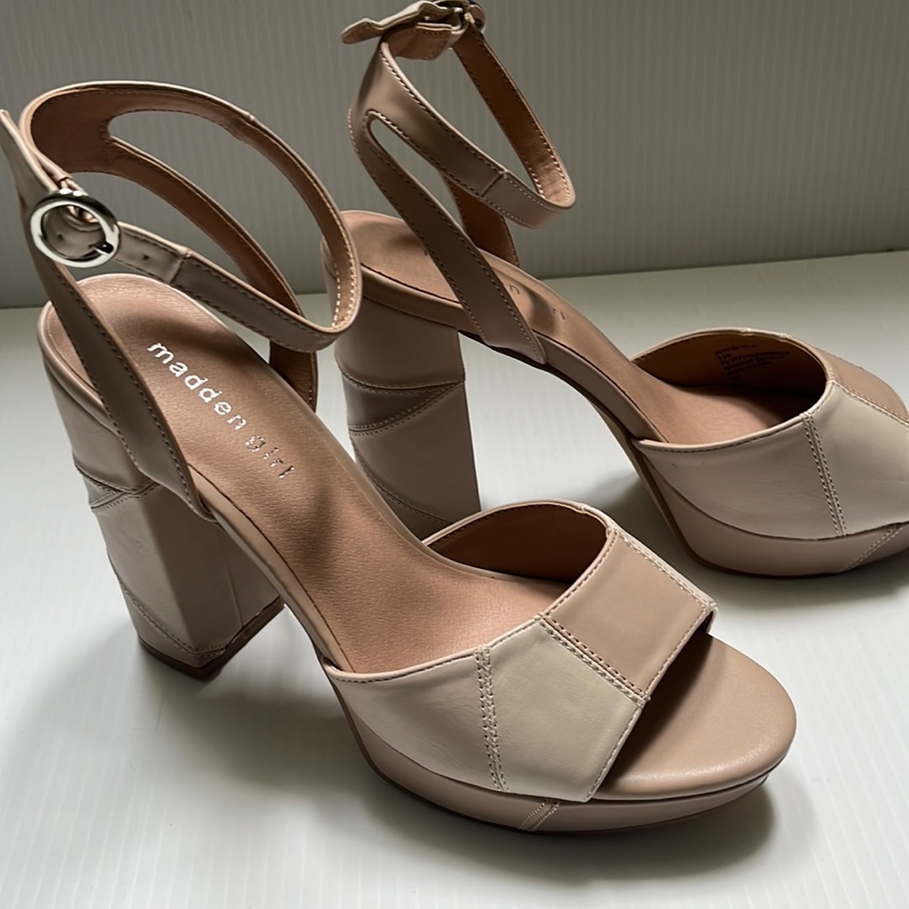 Madden Girl Nude Multi (cream& tan) block heel sandals. Sizes 9, 9.5, and 10.